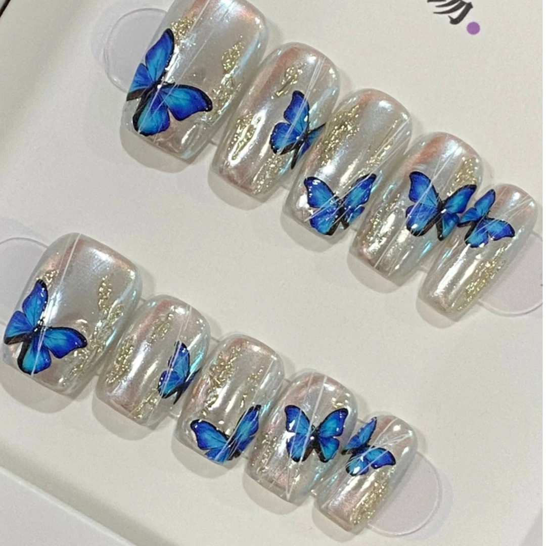 JDD-【蓝蝶】纯手工穿戴甲（不含盒子不含果冻胶，裸甲）美甲甲片