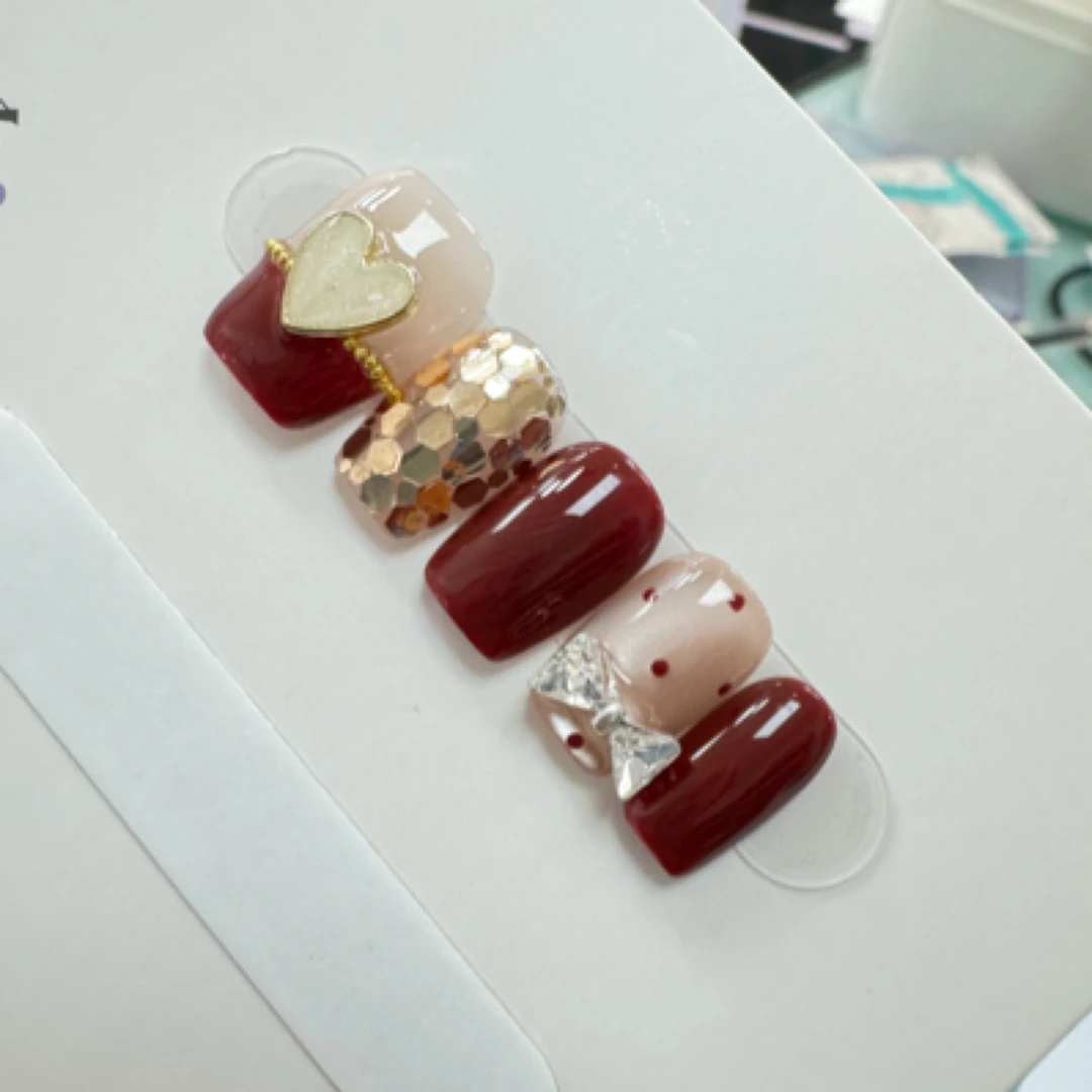 JDD-M【爆闪爱心锆石】  爱心蝴蝶结 爆闪亮片 纯手工穿戴甲片