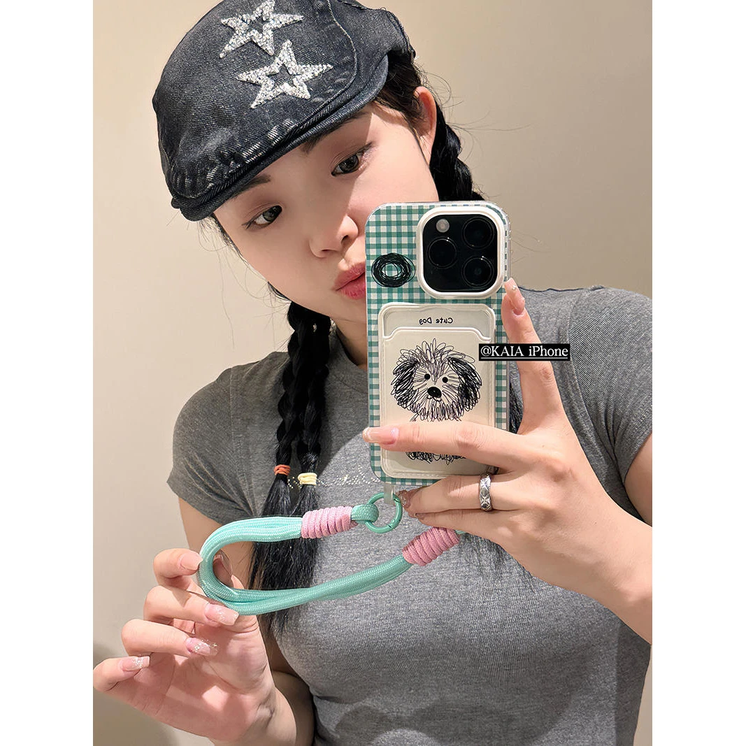 格子小狗苹果15卡包手机壳挂绳可爱iPhone14少女13防摔12软保护套