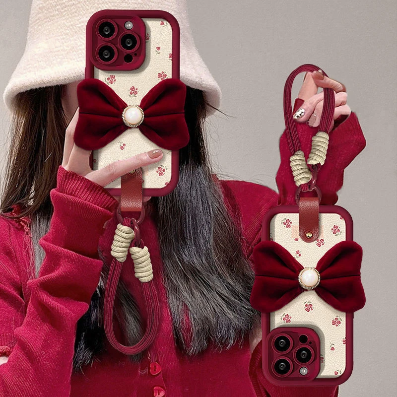 安可拉红苹果16手机壳iPhone15promax保护套新年女款14丝绒蝴蝶结