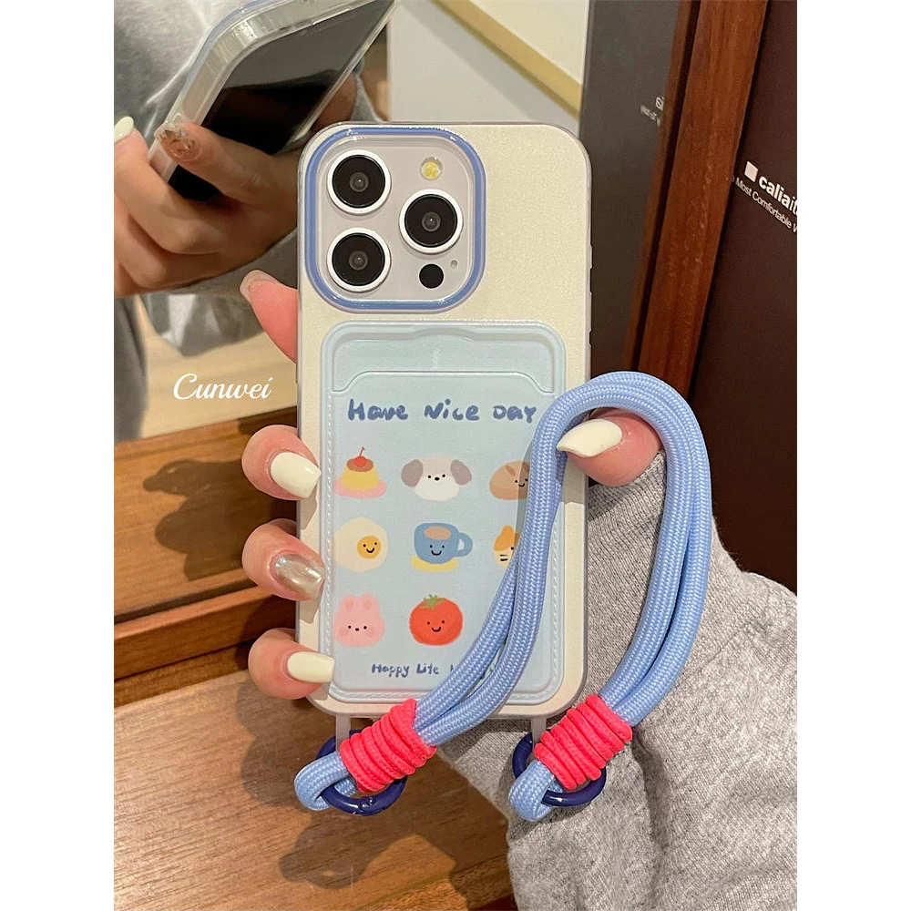 卡通小动物适用苹果15卡包手机壳腕带iPhone14创意13防摔软保护套