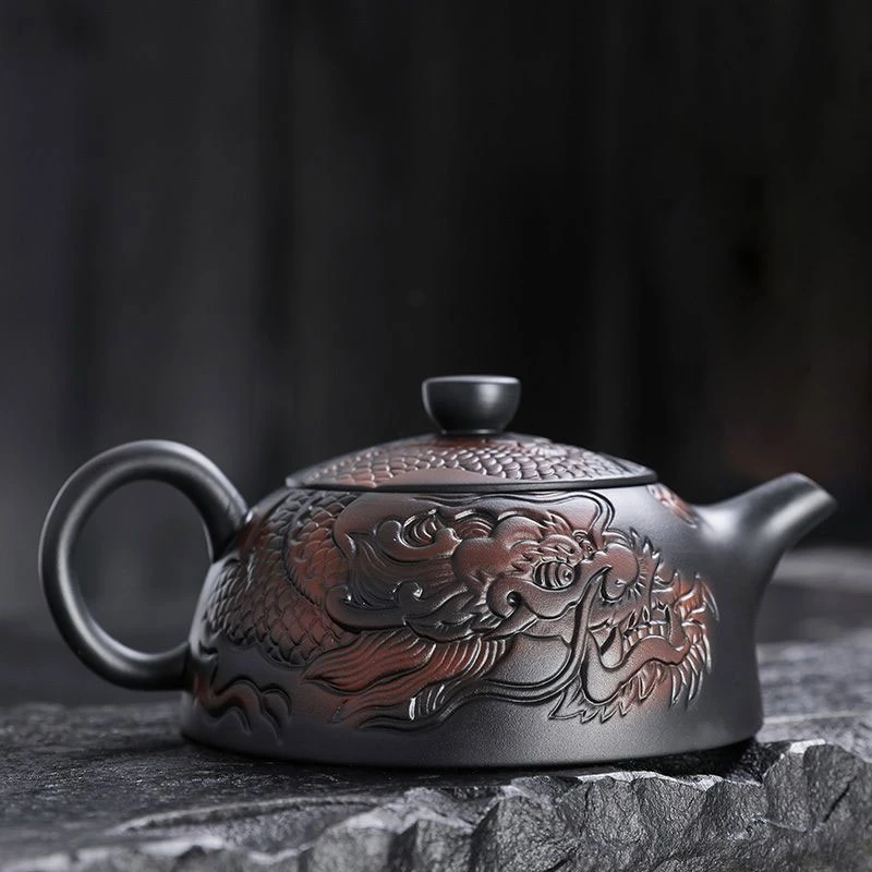 复古紫陶龙纹壶半月壶凤鸣壶可提转飞机壶高端家用泡茶壶功夫茶具