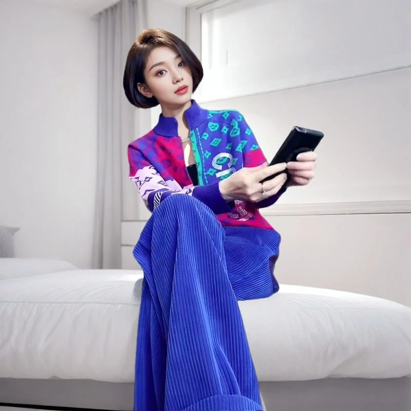 蓝色欧货大牌休闲运动套装女秋季高级感印花针织开衫长裤成套搭配