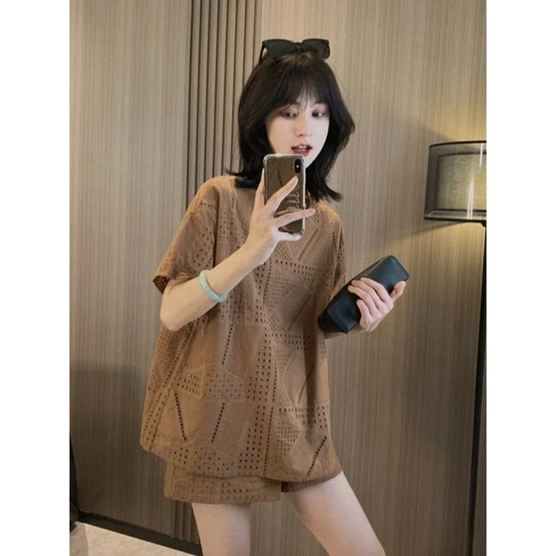 休闲套装女2024新款夏季宽松洋气镂空短袖T恤上衣时尚短裤两件套