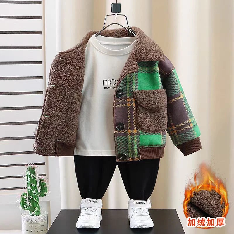 男童加绒外套2025儿童冬季秋冬新款宝宝加厚格子帅气时髦韩版上衣