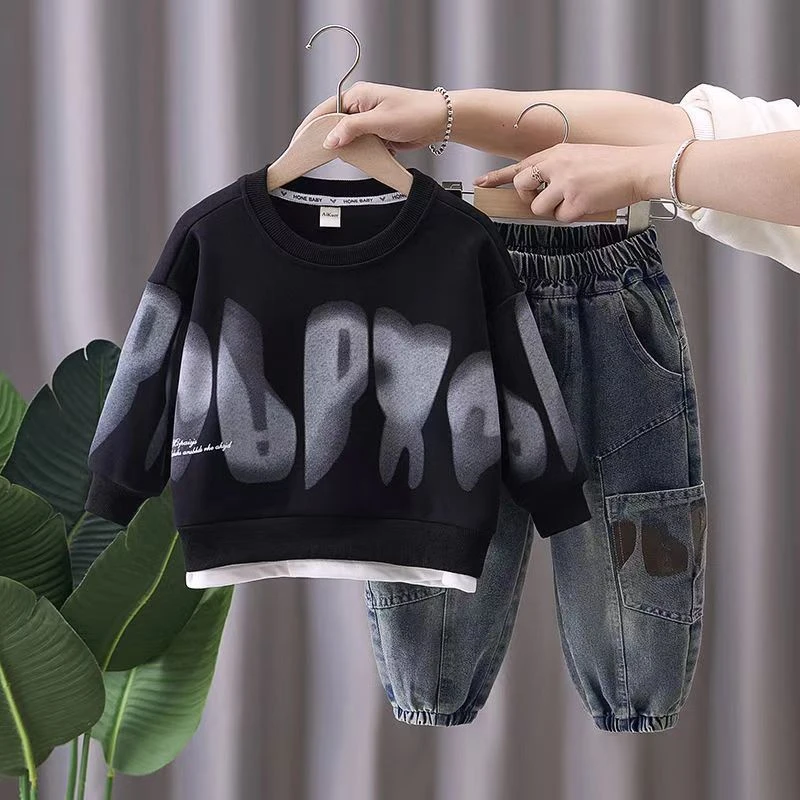 男童卫衣套装2025春秋新款中小童长袖儿童洋气男孩牛仔裤时尚潮流