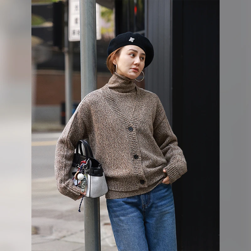 WinnieTangUPW100%羊毛花纱复古慵懒V领针织开衫高领针织背心套装