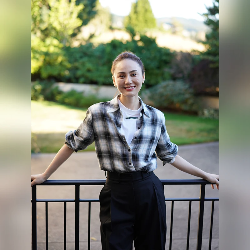 WinnieTang全棉色织翻领黑白格子衬衫休闲中性长袖衬衣W231C3018