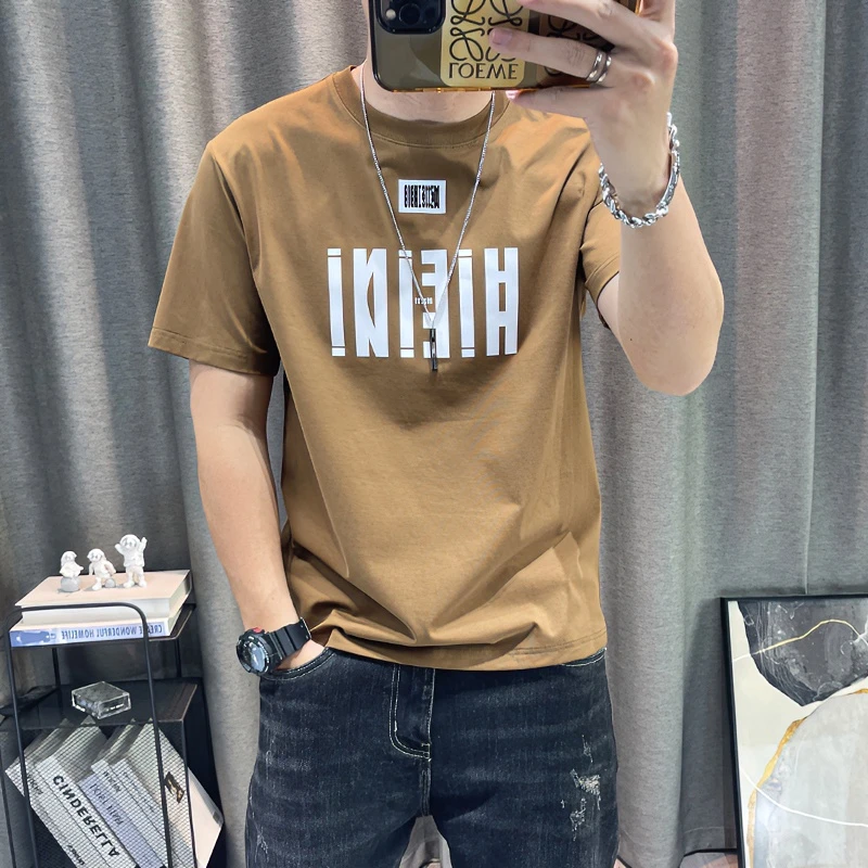 深咖色纯棉夏季潮款男士短袖时尚百搭印花T恤个性圆领上衣修身t恤