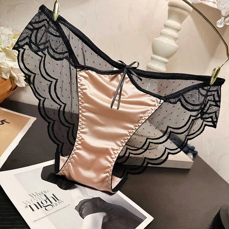 轻奢缎面蕾丝内裤女士性感时尚镂空三角裤中低腰透明透视底裤裤头
