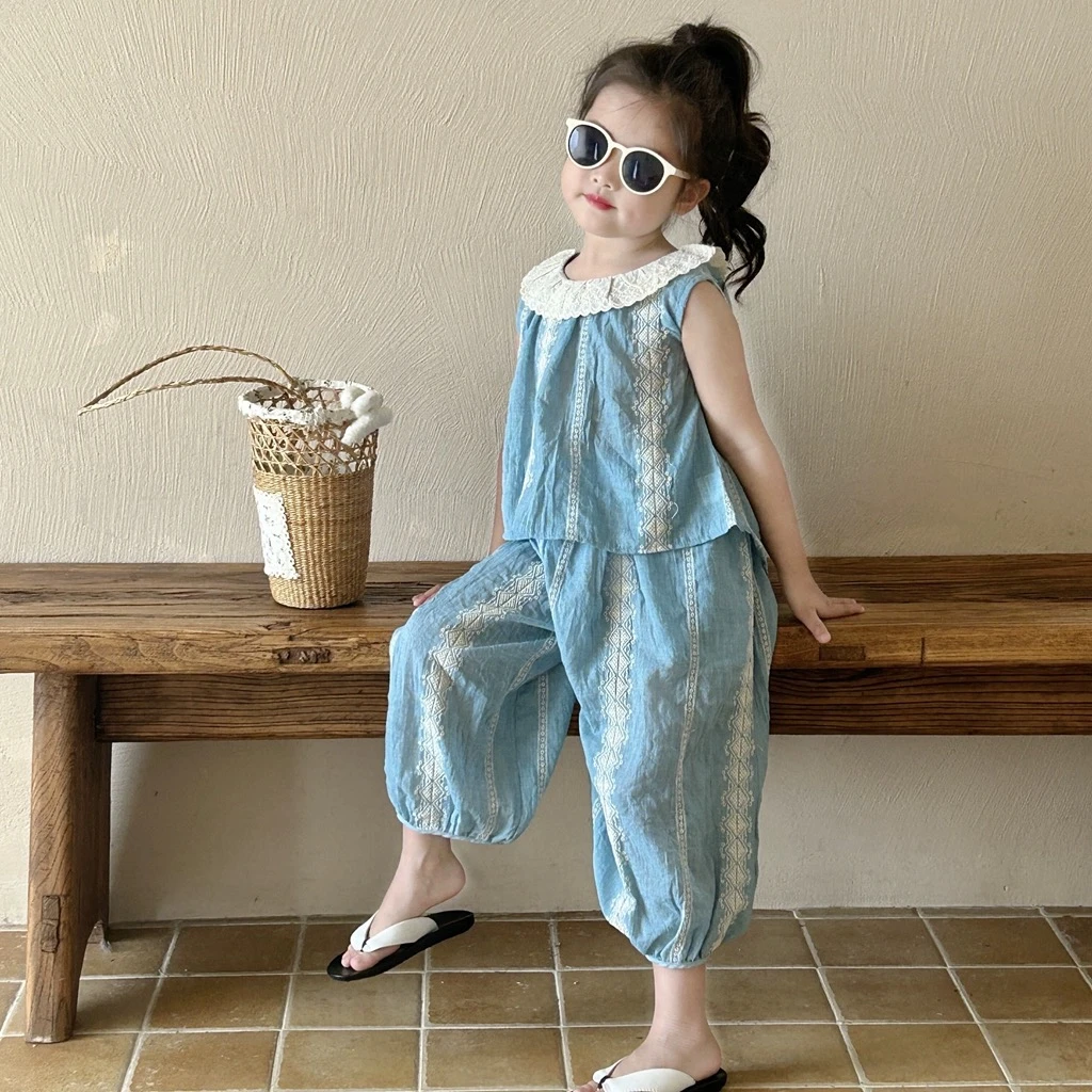 女童背心防蚊裤套装夏装2024新款韩版时髦儿童花边领上衣宽松长裤