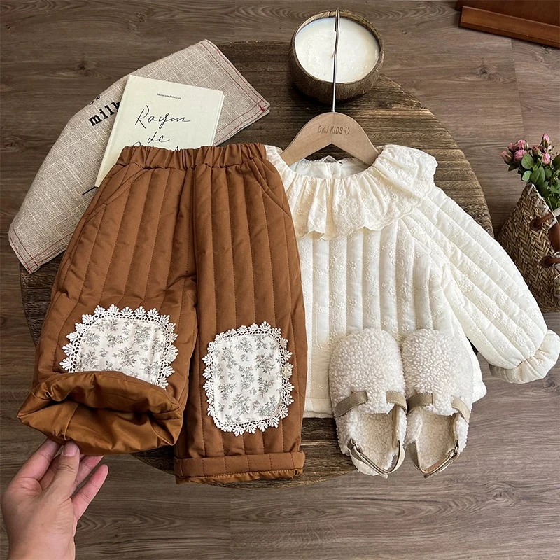 2024森系女童冬装韩版儿童洋气夹棉加绒厚实公主风女宝棉衣棉裤