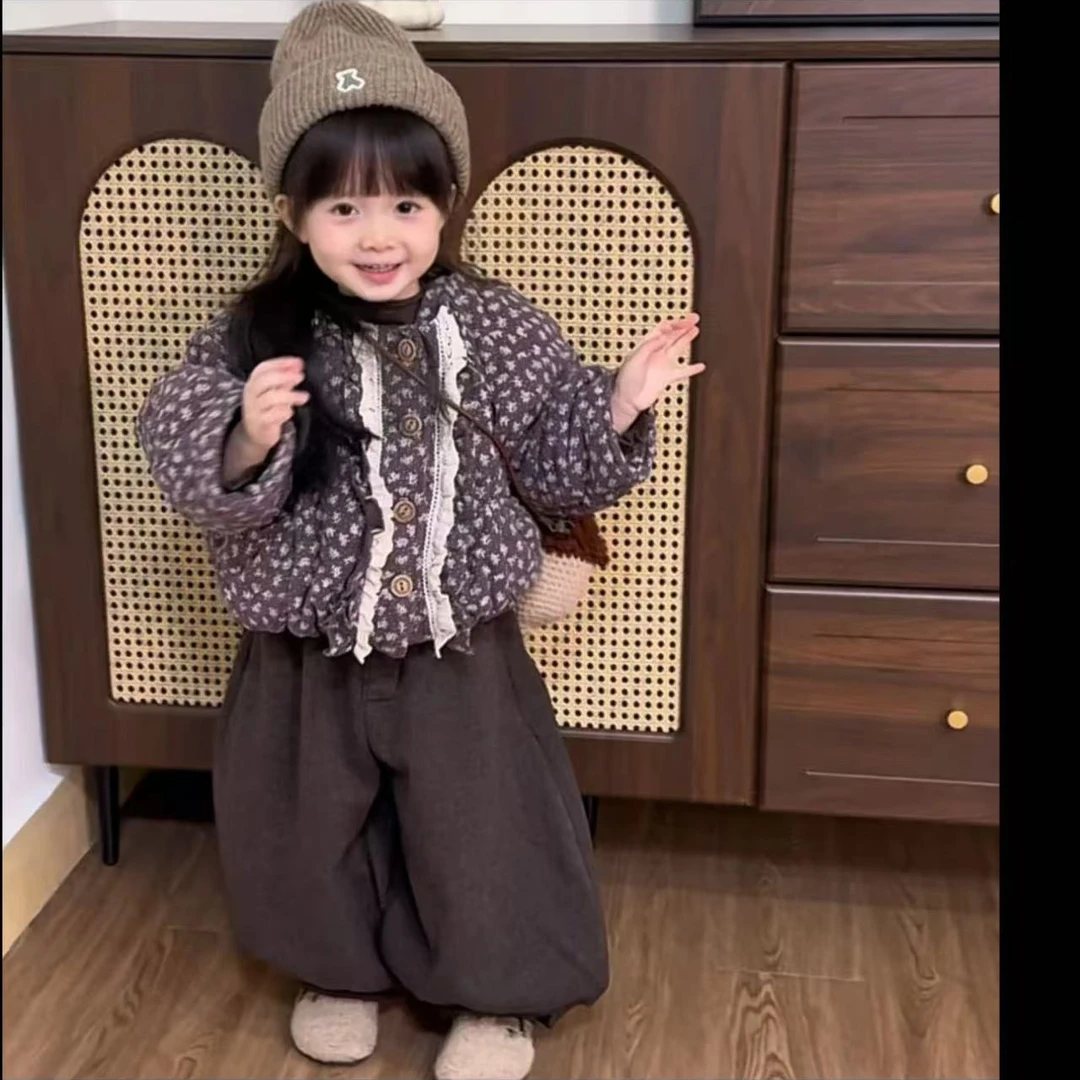 2024新款冬童装女童夹棉外套冬装洋气儿童紫色花边棉加厚棉衣