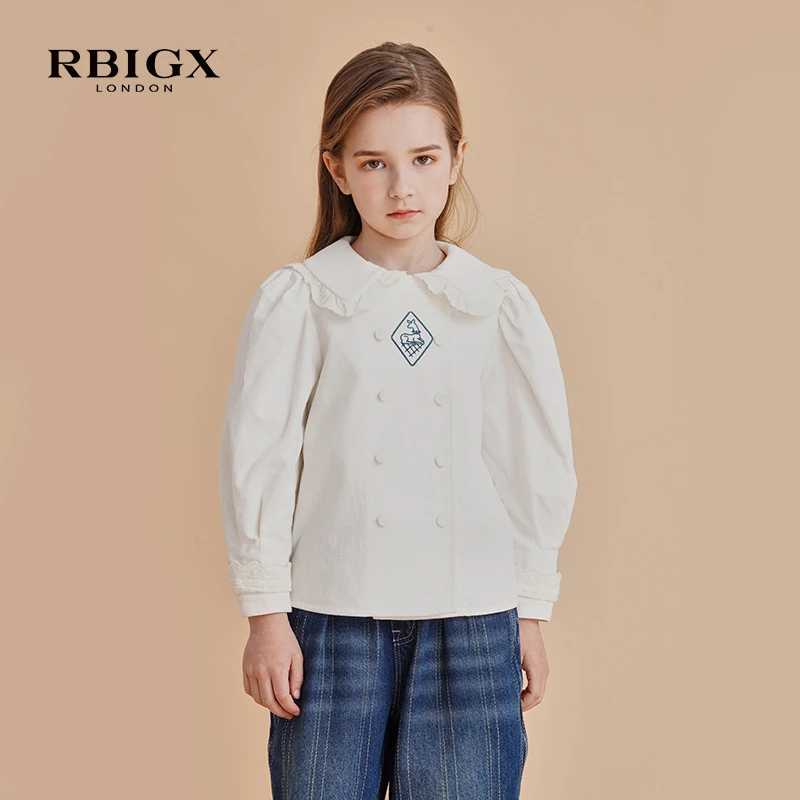 RBIGX/瑞比克童装秋季复古设计感小羊袖女童甜美绣花长袖衬衫