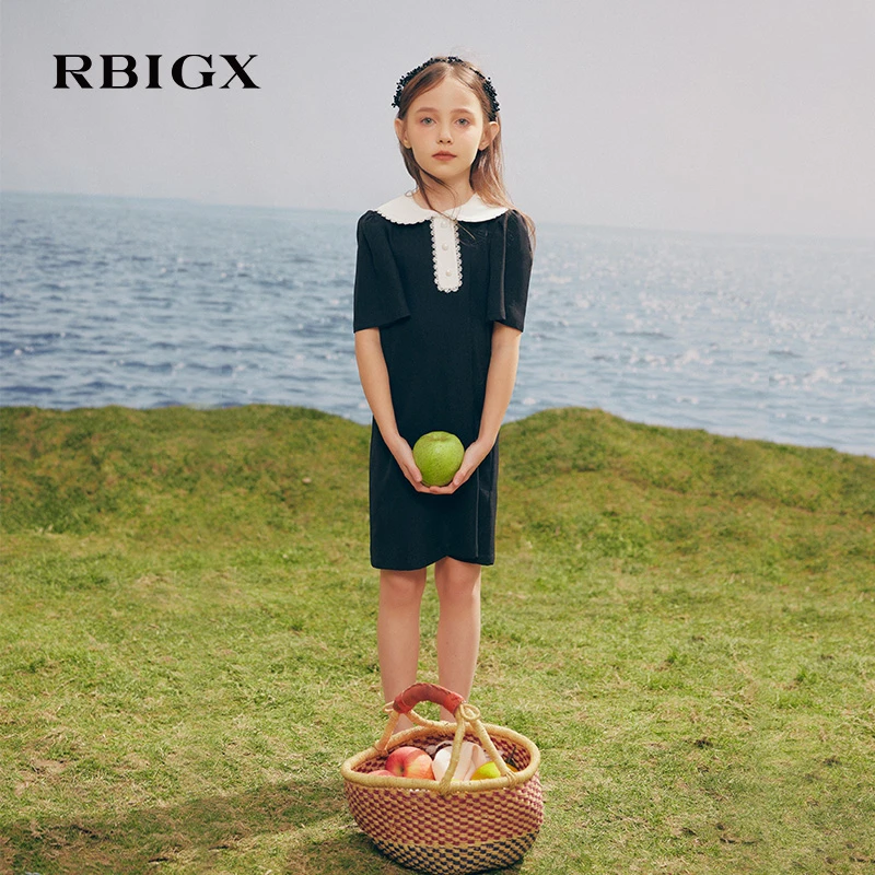 RBIGX瑞比克中大童2025洋气新款撞色黑色夏日亲肤雪纺儿童连衣裙