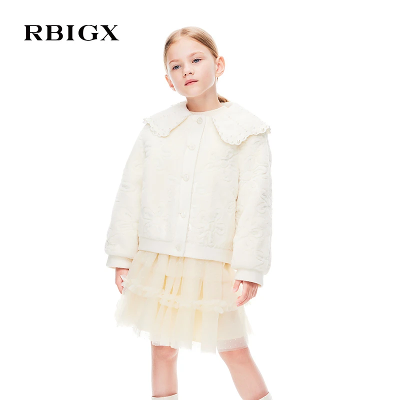 RBIGX瑞比克童装潮流女童贵族设计感珍珠翻领毛外套