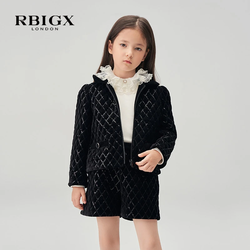 RBIGX瑞比克童装中大童新款设计感潮流珠片菱形格丝绒连帽外套
