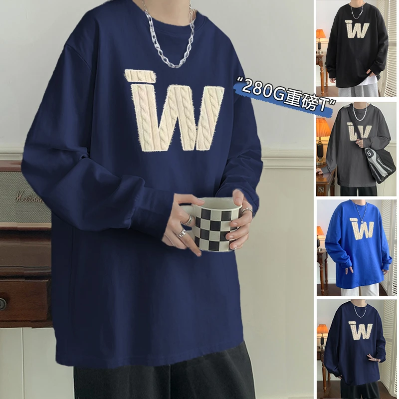 港风长袖t恤男生秋季新款上衣外穿宽松内搭打底衫潮牌重磅纯棉T恤