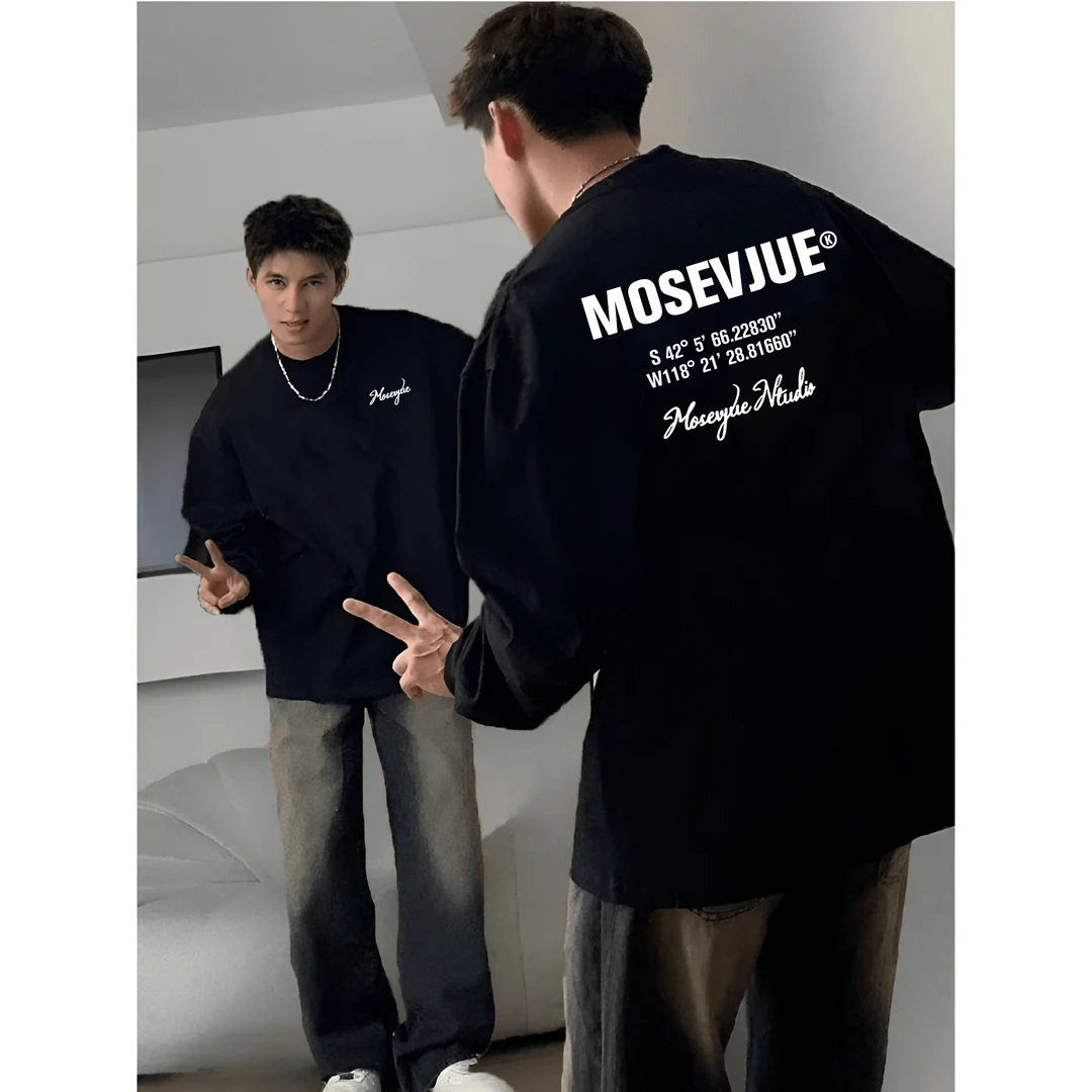 美式痞帅重磅纯棉长袖T恤男秋季高街字母印花宽松百搭港风上衣