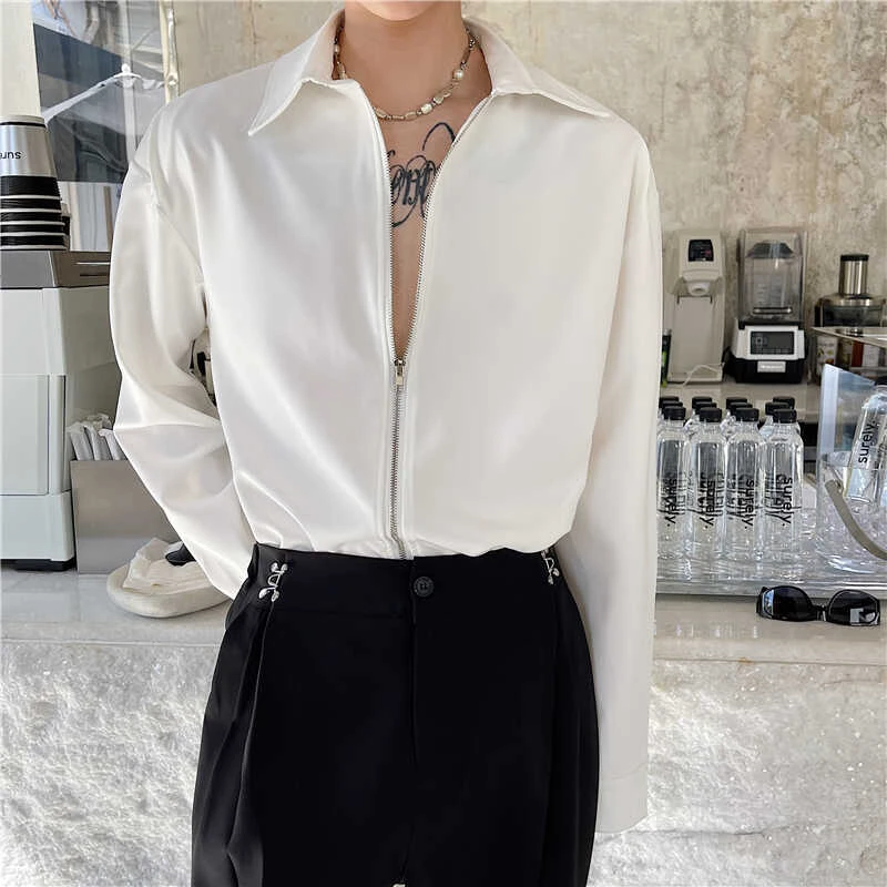 高级感炸街衬衫男设计感小众潮ins痞帅轻奢内搭长袖衬衣拉链外套