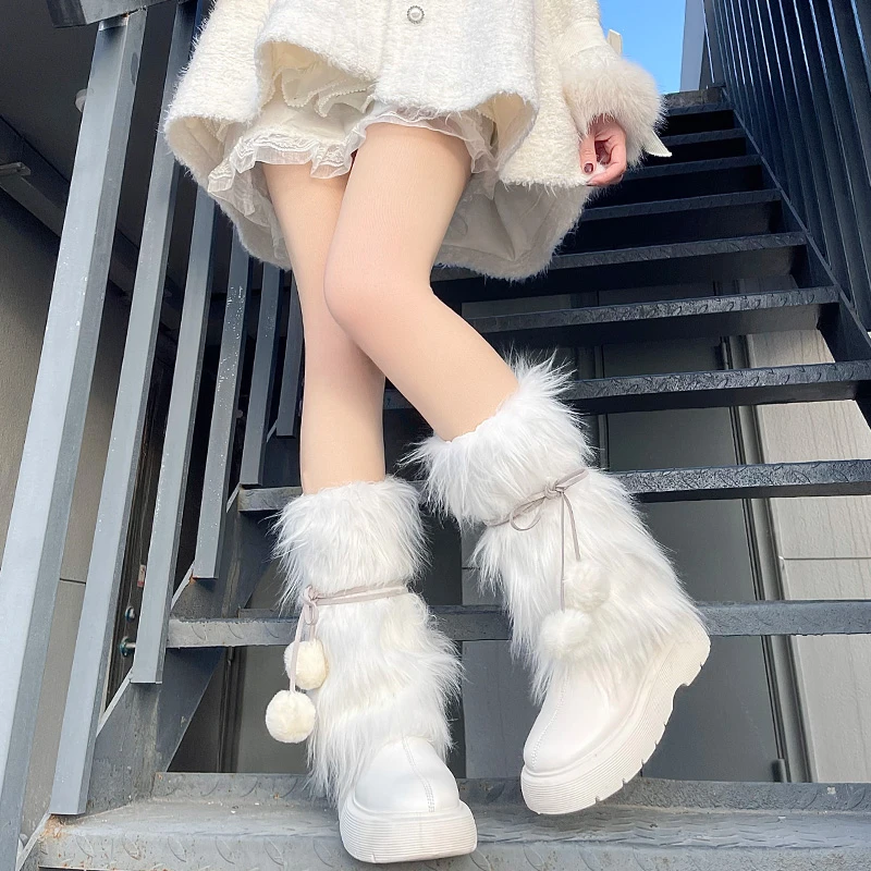 jk配靴鹿皮绳袜套辣妹长毛温柔保暖仿皮草腿套系带甜美毛球中筒袜