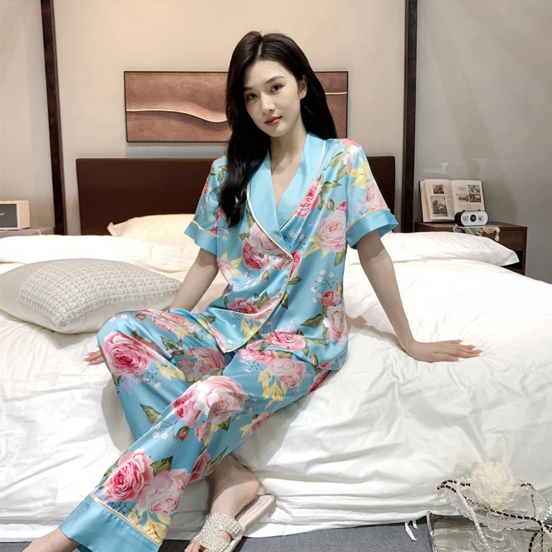 冰丝睡高档家居服凉感女士网红休闲夏天春夏印花韩版上衣私房睡衣