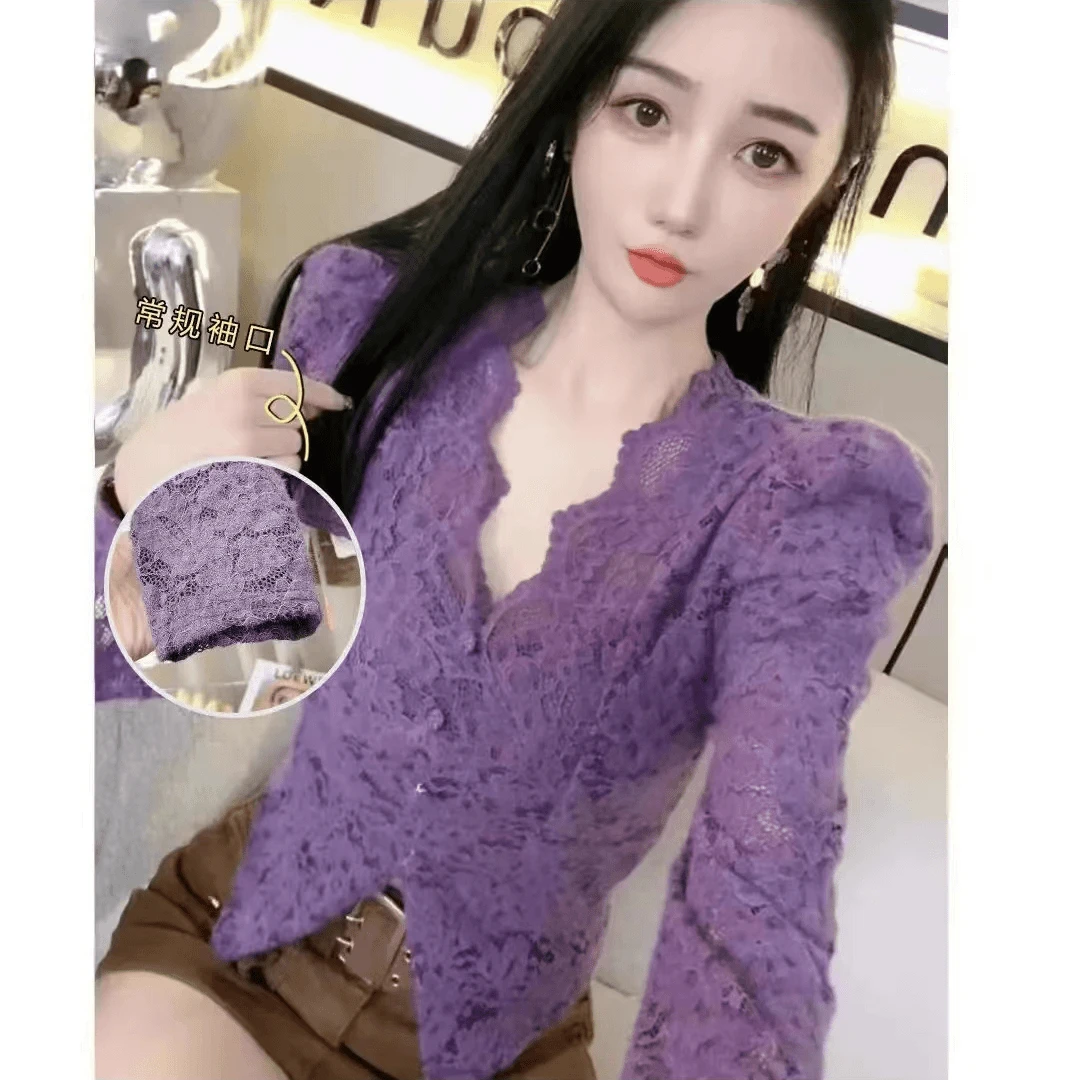 85-190斤 秋冬季气质V领法式蕾丝打底衫洋气泡泡袖长袖上衣女显瘦