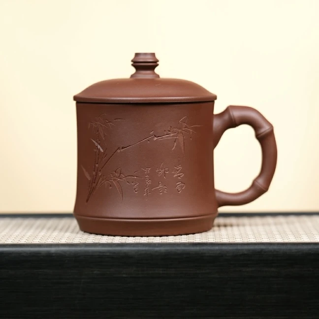 赵掌柜紫砂  底槽清盖杯 刻竹