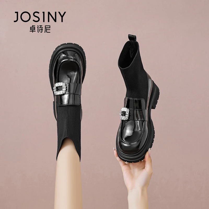 卓诗尼乐福鞋袜靴女2024新款春秋单靴袜子靴弹力瘦瘦靴子厚底短靴