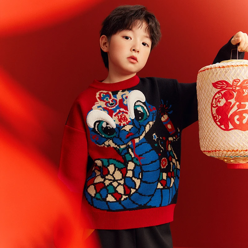 旗铂-腾蛇纳福 双色儿童毛衣2024新款秋冬儿童洋气套头针织衫加厚