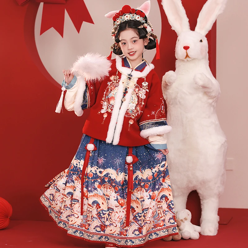 旗铂-蛇灯夜宴 2025蛇年过年拜年服女童汉服套装加厚绒两件套喜庆