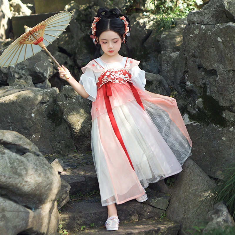 旗铂-花锦 国风2023新款夏季汉服女童夏季唐制齐胸汉服童装连衣裙