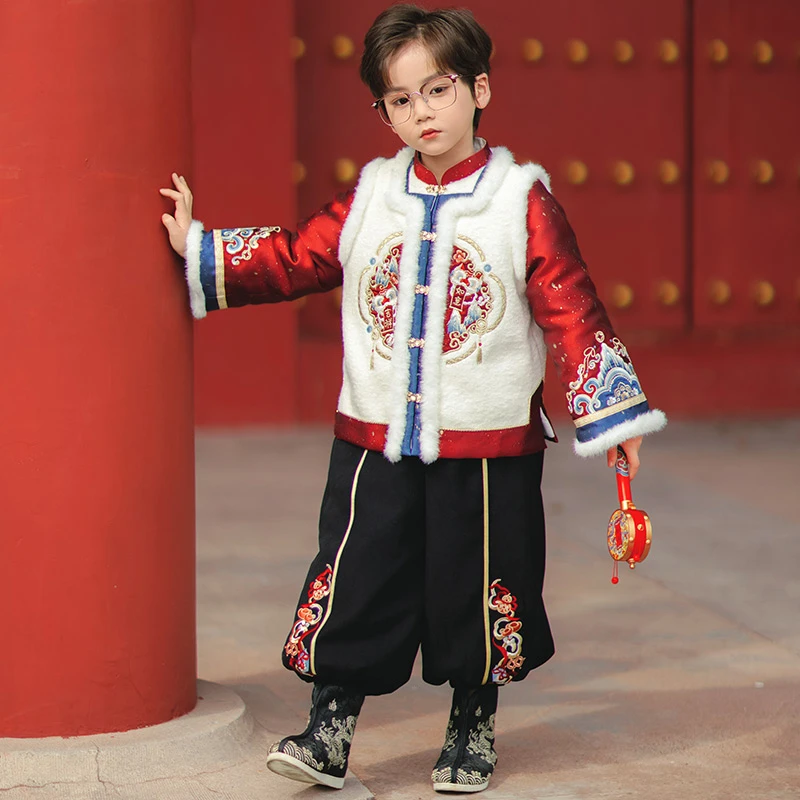 旗铂-吉祥如意 2024新款男童拜年服秋冬儿童汉服冬装男宝国风唐装