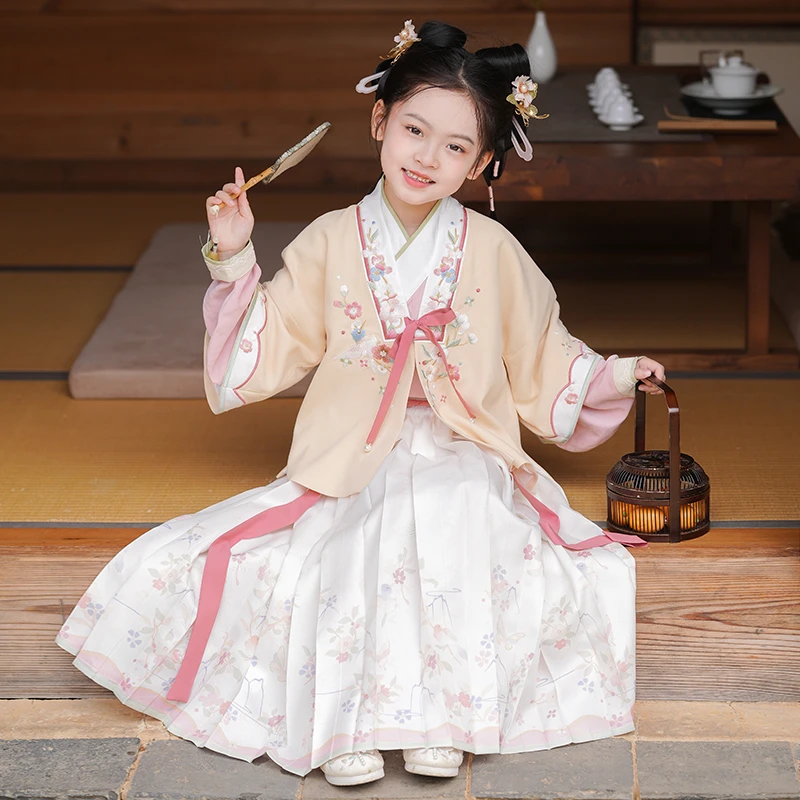 旗铂-陌上花开 三件套新款明制春秋季汉服女童加厚秋款立领唐春款