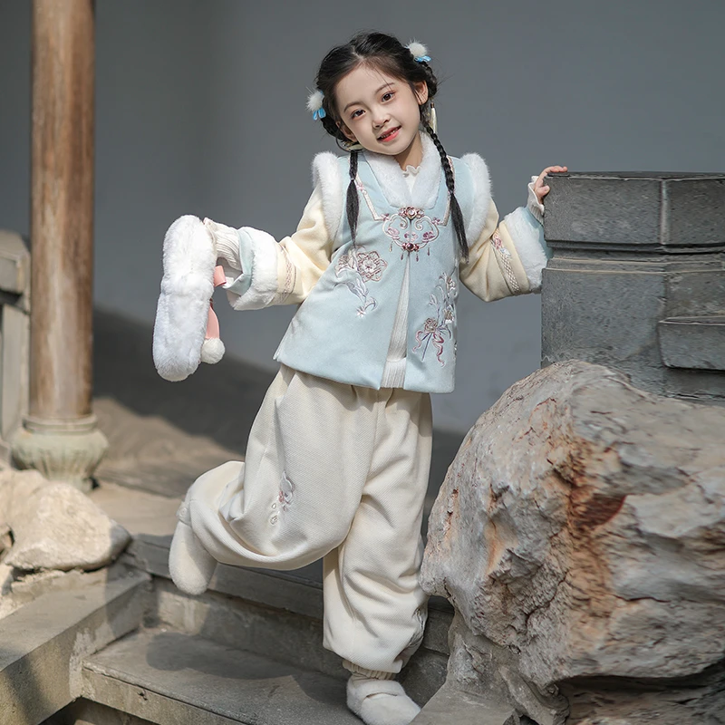 旗铂-盈盈百合 中国风裤装两件套女童旗袍汉服明制日常装拜年唐装