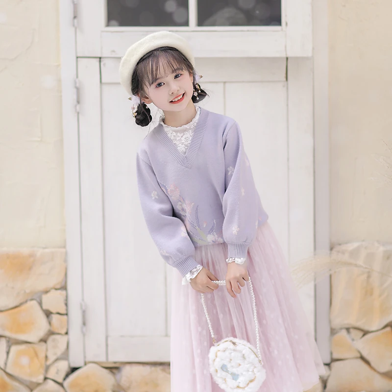 旗铂-紫述香儿童毛衣2024新款女童秋冬加厚上衣女孩套装秋冬童装