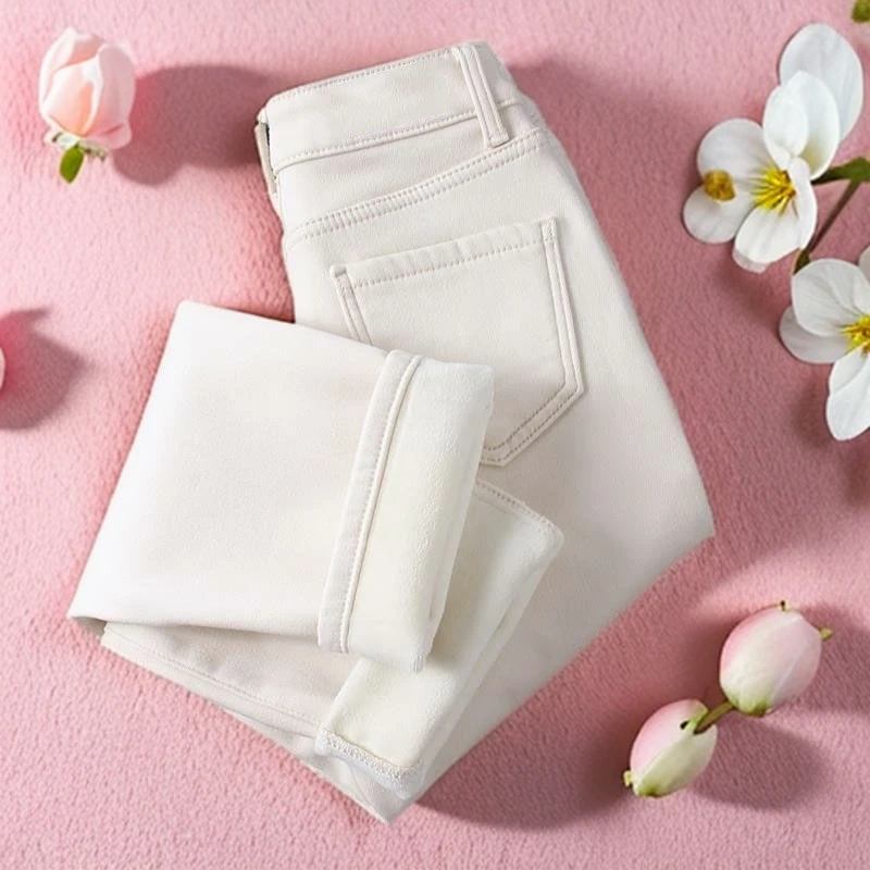 白色牛仔裤女2025秋冬加绒小脚裤高腰休闲韩版显瘦靴裤加厚裤子女