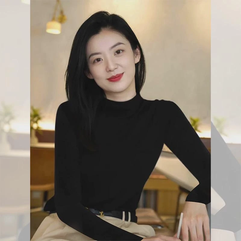 法式半高领黑色羊绒针织衫上衣女秋冬修身显瘦毛衣打底衫内搭长袖