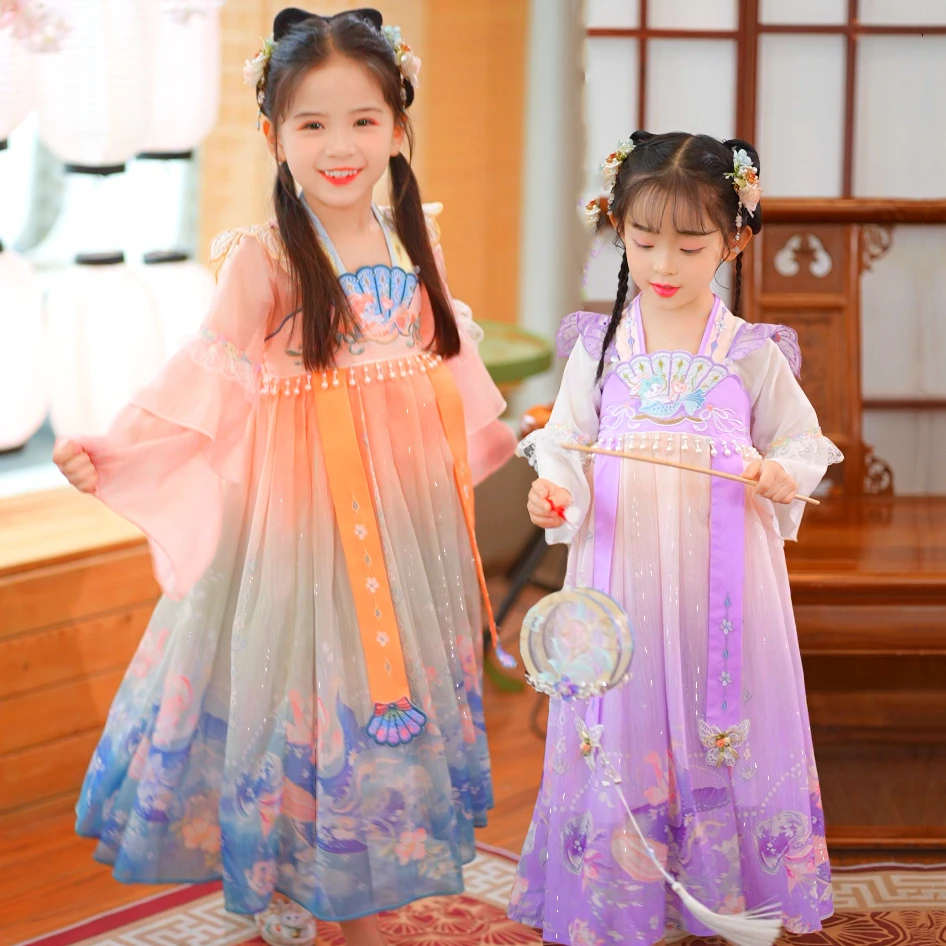 儿童汉服国风刺绣女童连衣裙2024新款舞蹈公主裙夏季唐装仙女裙