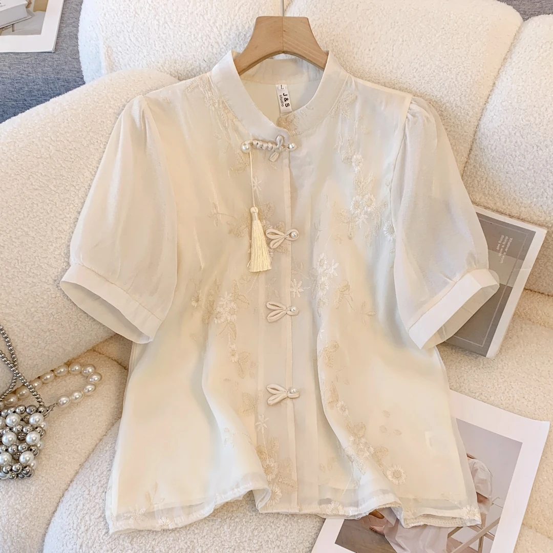 新中式重工刺绣提花短袖衬衫女夏季大码胖mm国风漂亮小衫雪纺上衣