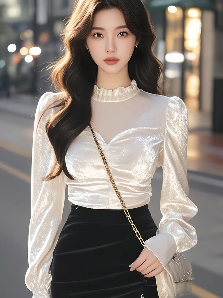 381法式丝绒长袖衬衫女早春新款内搭打底衫高级感气质上衣