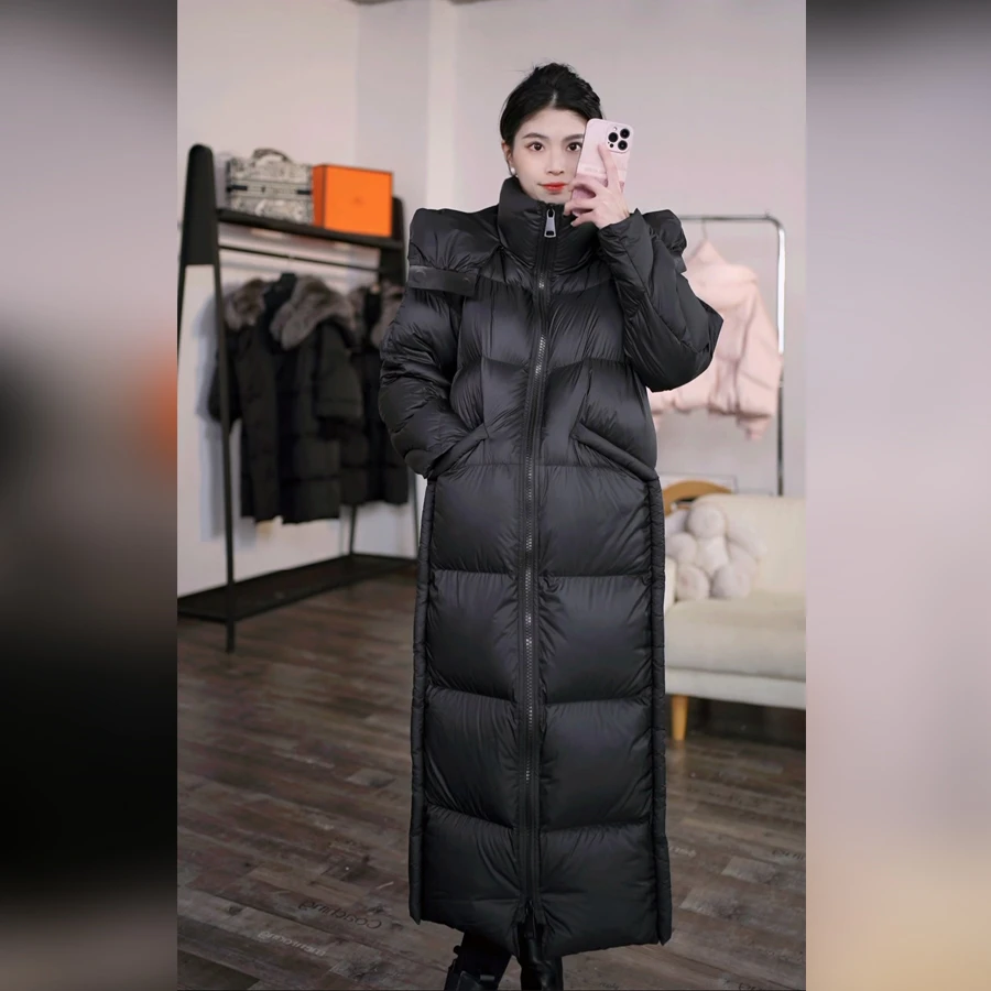 海宁秋冬新长款连帽可脱卸真皮皮畔双头拉链鹅绒休闲风羽绒服