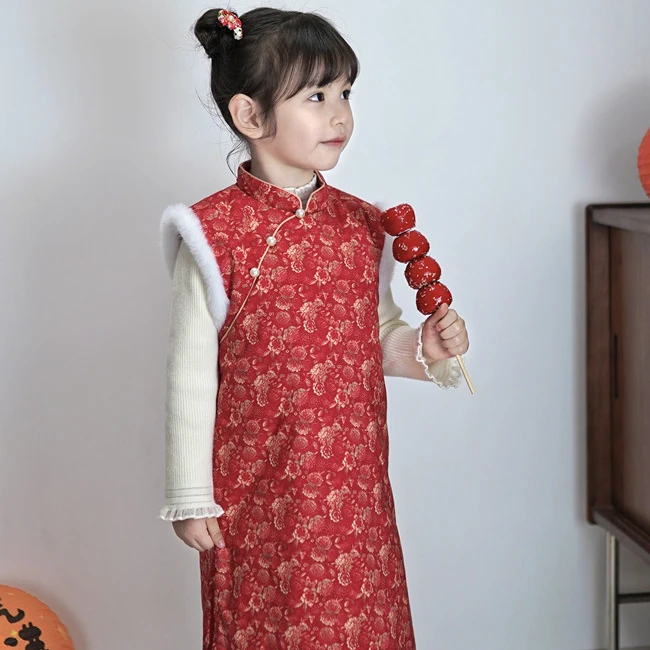 [富贵花]女宝红色拜年服 秋冬新款 夹棉中式复古旗袍 国风马甲裙