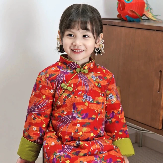 【凤凰呈祥】红色喜庆儿童复古拜年服秋冬夹棉 女宝中式国风连衣裙