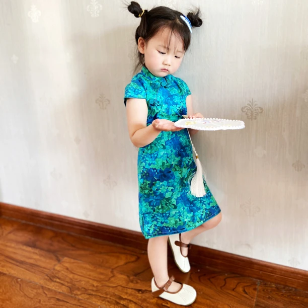 东方美人【翡翠湾】经典全棉印花复古旗袍中式女童连衣裙夏季童装