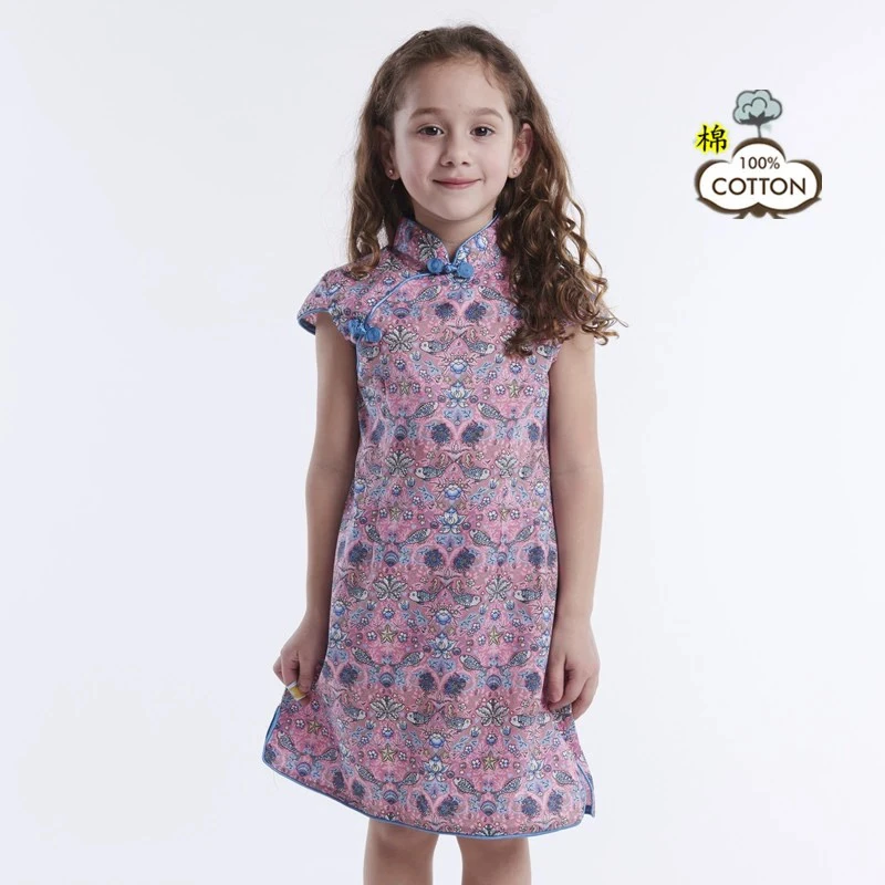 【粉色双鱼】儿童经典旗袍 夏季全棉印花女童国风旗袍 轻薄款演出服