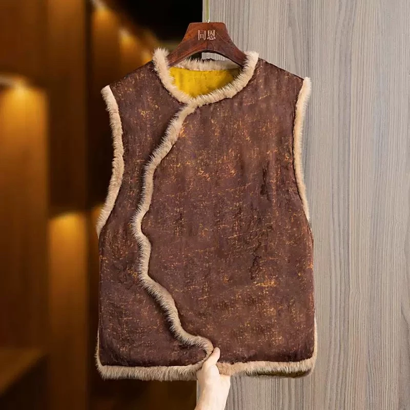 水貂毛醋酸提花夹棉马甲外套女秋冬国风新中式背心上衣棉服