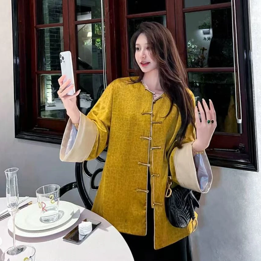 黄色新中式复古老钱风外套女2025秋新款高端盘扣宽松百搭国风上衣