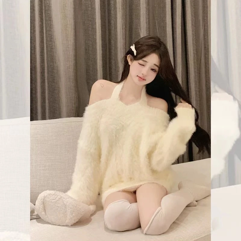 436娇娇爆款毛衣秋冬新款女装挂脖长袖宽松毛绒绒针织衫