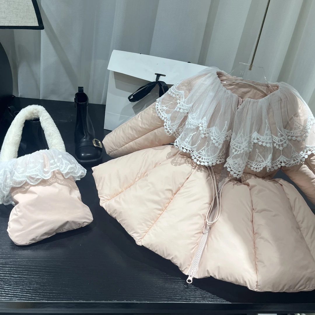 【3粉】萌娃穿搭冬季加棉加厚蕾丝花边束腰棉服外套